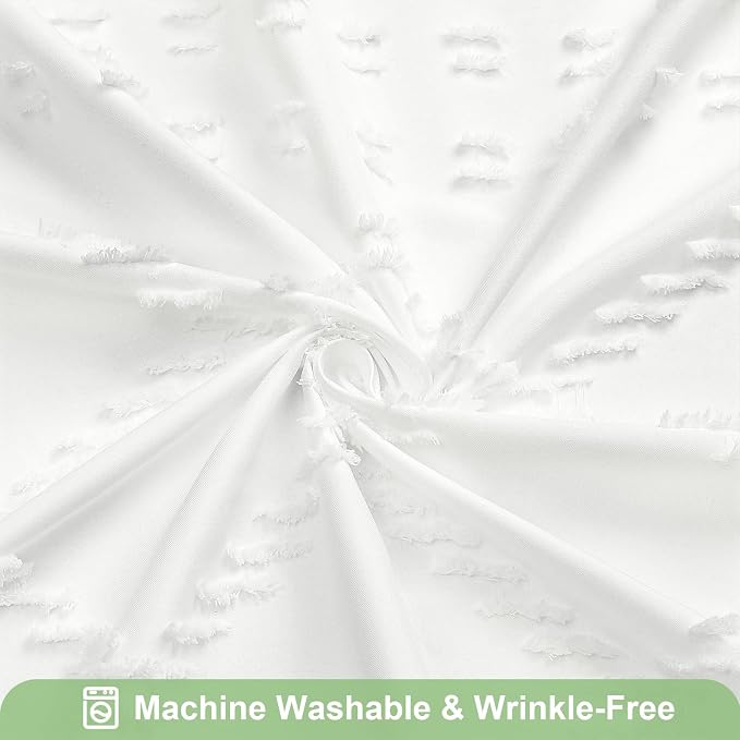 White Boho Woven Fabric Shower Curtain with Tassel 72x72, Tufted Textured | Modern Farmhouse Curtain for Bathroom, Standard Bathroom Curtain, Minimalist Decor, Waterproof