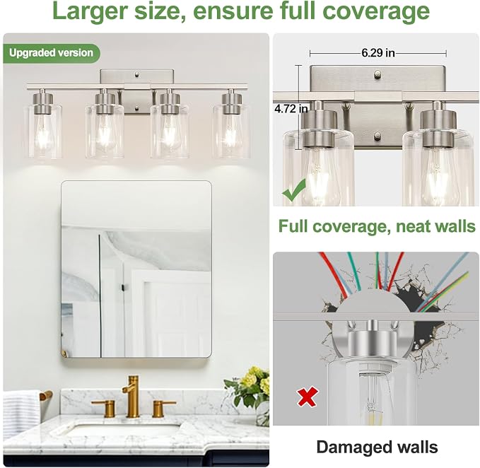 4-Light Brushed Nickel Bathroom Vanity Light with Clear Glass Shades