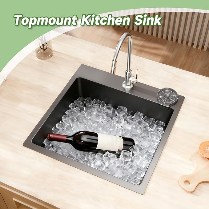 15 inch Drop In Bar Sink, 15x15" Single Bowl Topmount Stainless Steel Handmade 16 Gauge Top Counter for Wet Bar RV Outdoor Small Kitchen Sink Basin Black