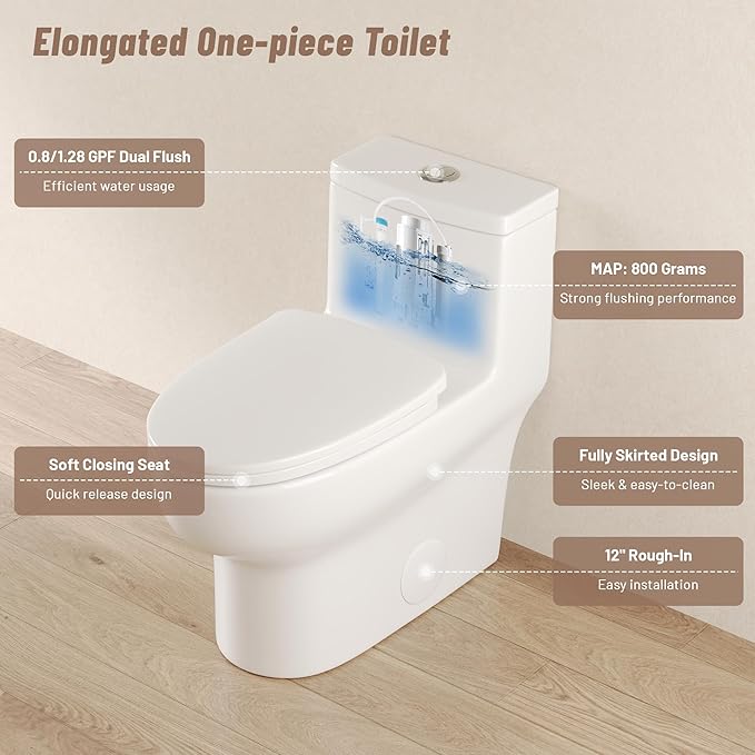 DeerValley Elongated Toilet with Comfort ADA Seat Height Modern 12" Rough-In One Piece Toilet for Bathroom Dual Powerful Flush DV-1F026Pro