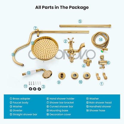 gotonovo Exposed Bathroom Shower System Two Cross Handle Polished Gold | Vintage Brass Tub Shower Faucet Set,8’’ Rain Head with Handheld Spray,Swivel Tub Spout,6’’ Hole Distance,Adjustable Height