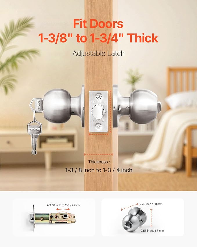 VEVOR Keyed Entry Door Knob, Satin Nickel Door Knob with Round Ball, Keyed Exterior & Thumb Turn Lock Interior, All Metal Doorknobs Hardware with Lock and Keys, Modern Design for Bedroom & Bathroom