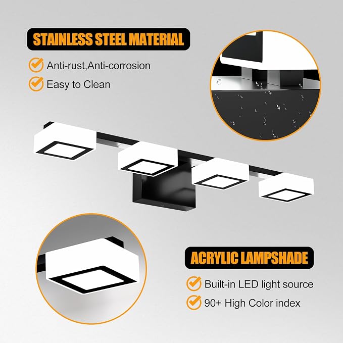 LED Modern Bathroom Light Fixtures, 4-Light Dimmable Vanity Lights with 5 Color Modes, Matte Black Acrylic Bathroom Wall Lighting Fixtures Over Mirror, 2700K- 6500K Adjustable, 25.5 Inch, ETL Listed
