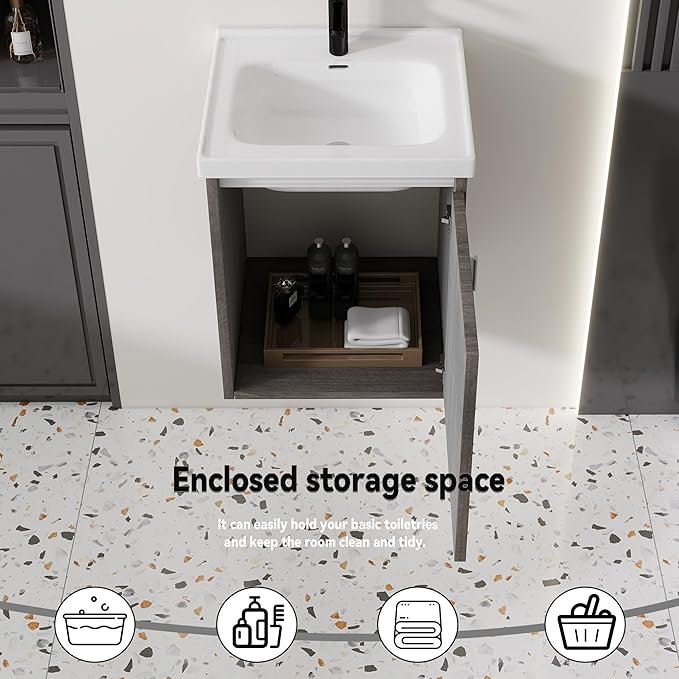 16'' Bathroom Vanity with Ceramic Sink Combo, Wall Mounted Small Bathroom Vanity with Soft-Close Door Modern Floating Cabinet, Pop-up Drain, P-Trap Included, GreyWalnut(No Faucet)