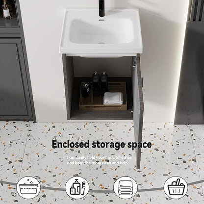 16'' Bathroom Vanity with Ceramic Sink Combo, Wall Mounted Small Bathroom Vanity with Soft-Close Door Modern Floating Cabinet, Pop-up Drain, P-Trap Included, GreyWalnut(No Faucet)