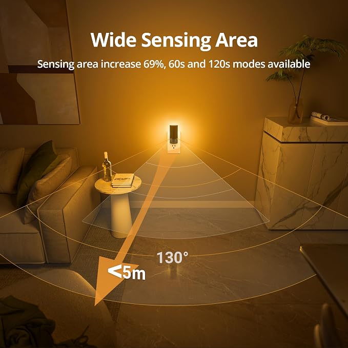 Plug-in LED Amber Night Light with Motion Sensor, Rotatable, Dimmable Backlit Nightlight, 1-150lm Adjustable Brightness for Bathroom, Bedroom, Hallway, Stairs, 2 Pack