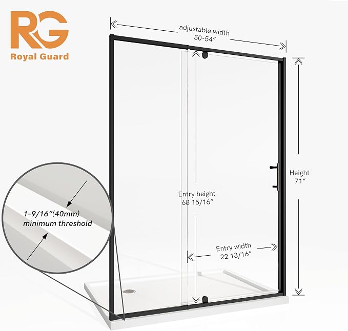 Royal Guard 50-54" W x 71" H Pivot Swing Glass Shower Door,Matte Black | Shower Doors with 4-Inch Adjustable Width, 6mm SGCC Tempered Glass, Reversible Installation,Magnetic Closing,Easy to Clearn