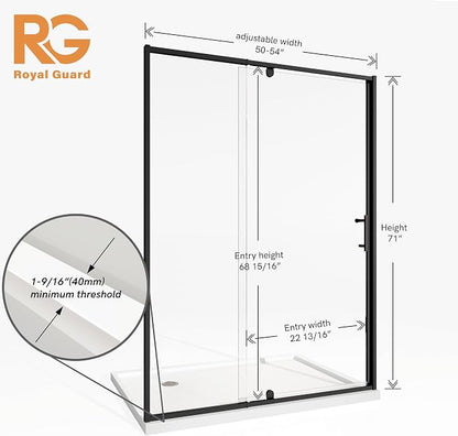 Royal Guard 50-54" W x 71" H Pivot Swing Glass Shower Door,Matte Black | Shower Doors with 4-Inch Adjustable Width, 6mm SGCC Tempered Glass, Reversible Installation,Magnetic Closing,Easy to Clearn