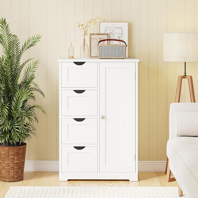 Giantex Storage Cabinet with 4 Drawers, Bathroom Storage Organizer with Cupboard, Adjustable Shelf, Anti-Toppling Device, Floor Cabinet, Entryway Storage Unit Console Table, White