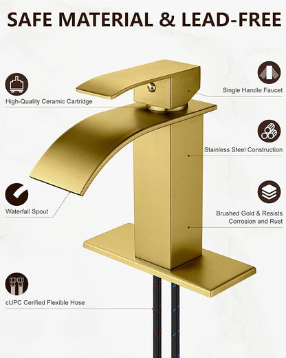Midanya Bathroom Faucet with Waterfall Spout, Single Hole or 3-Hole Deck Mount, 304 Stainless Steel Sink Faucet with Pop-Up Drain, RV Vanity Compatible,Gold