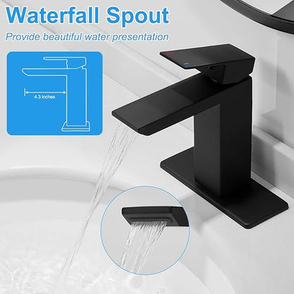 RUMOSE Matte Black Bathroom Faucets Set with Pop Up Drain Single Handle Bathroom Sink Faucet 1 & 3 Hole Waterfall Spout Vanity Faucet Kit with Deck Plate Rv Lavatory Basin Faucet, Stainless Steel