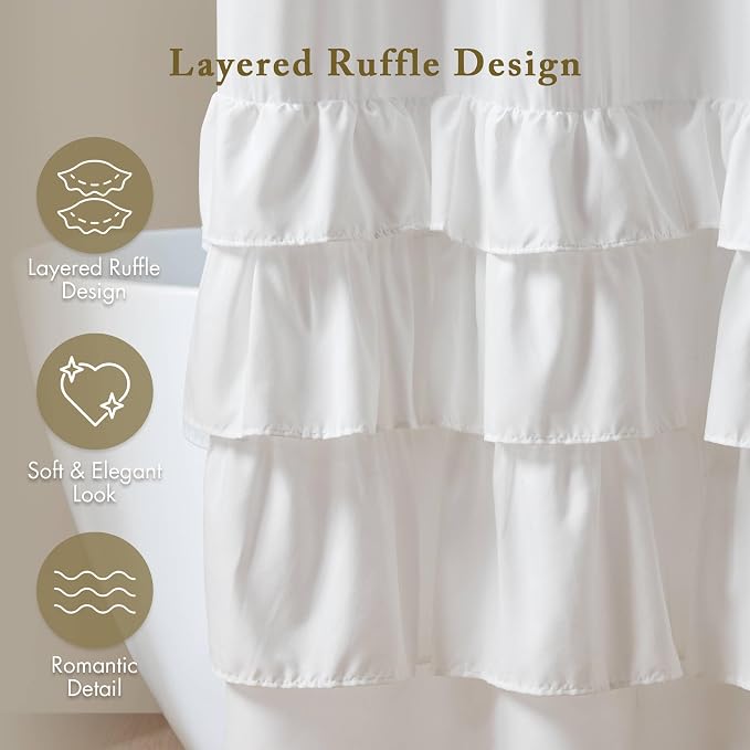 Madison Park Grace Ruffle Shower Curtain for Bathroom, 72"x 72", White | Farmhouse Cottage Top, Machine Washable, Shabby Chic Ruffled Decor Fabric, Privacy Screen, Solid Color