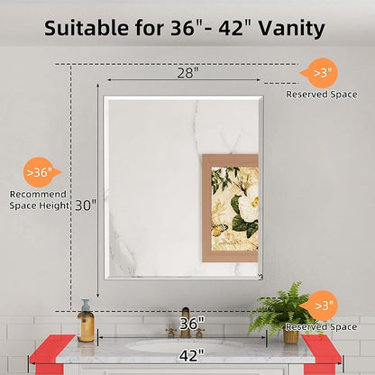 28 x 30 Inch Large Medicine Cabinet with Mirror, Black Aluminum Bathroom Cabinet with Storage, Oversized Single Door Tempered Beveled Glass, Recessed or Surface Mount, Adjustable Shelves
