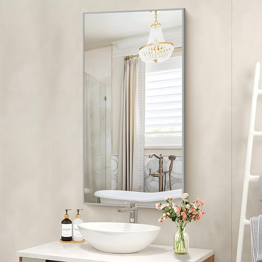 48x24In Silver Bathroom Mirror for Wall, Brushed Nickel Rectangle Mirrors with Metal Frame, Bathroom Rectangular Mirror Modern Wall Mirror for Bedroom Living Room, Hangs Horizontal or Vertical