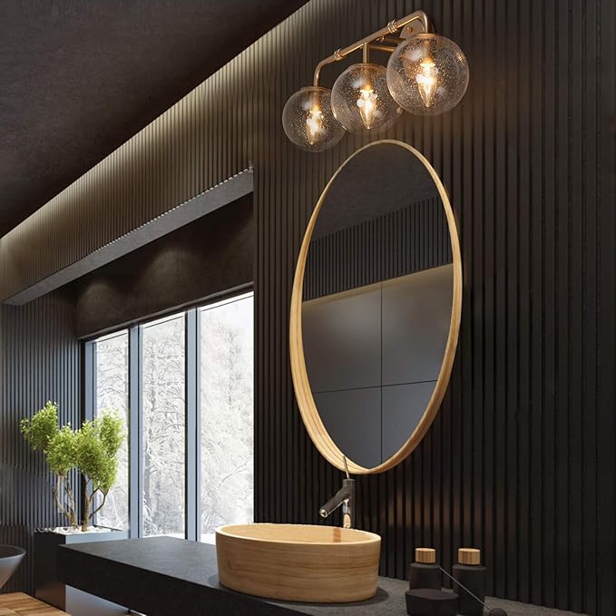 Bathroom Light Fixtures, 3-Light Gold Bathroom Vanity Light with Seeded Glass Shade, Bathroom Lighting Fixtures Over Mirror, L24.5'' x W7.5'' x H10''
