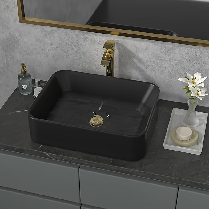 Sarlai Bathroom Vessel Sink - 19"x15" Modern Bathroom Sink Rectangular Above Counter Black Porcelain Ceramic Bathroom Vessel Vanity Sink Art Basin