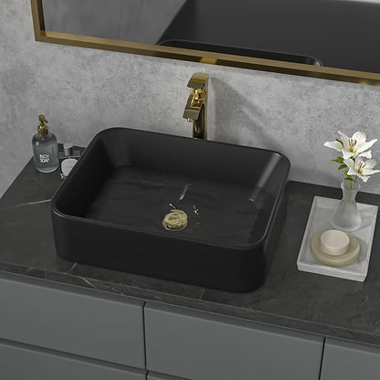 Sarlai Bathroom Vessel Sink - 19"x15" Modern Bathroom Sink Rectangular Above Counter Black Porcelain Ceramic Bathroom Vessel Vanity Sink Art Basin