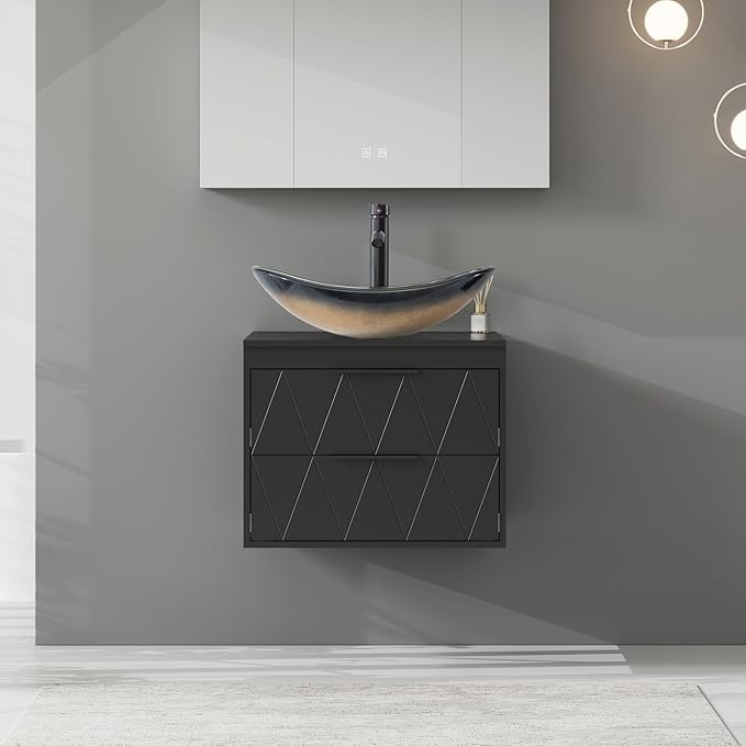 eclife 24" Floating Bathroom Vanities with Sink Combo, Wall Mounted Modern Cabinet W/Diamond Line Pattern Design, Champagne Boat Glass Vessel Sink W/Water Save Faucet & Pop Up Drain, Black