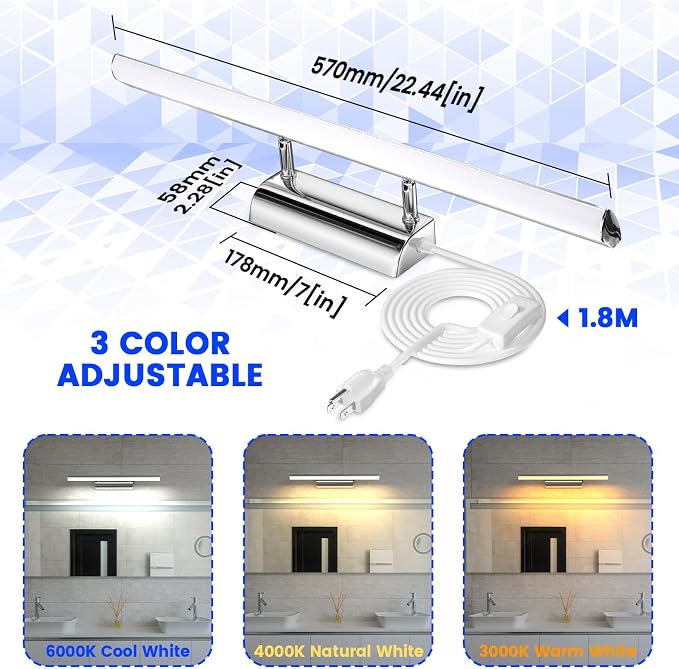 Bonlux 9W Bathroom LED Vanity Light 22 inch, 3 Color Adjustable 3000K/ 4000K/ 6000K, Dimmable Wall Mounted Plug in Light Fixture with Remote Control Memory Function for Cabinet Mirror Lighting