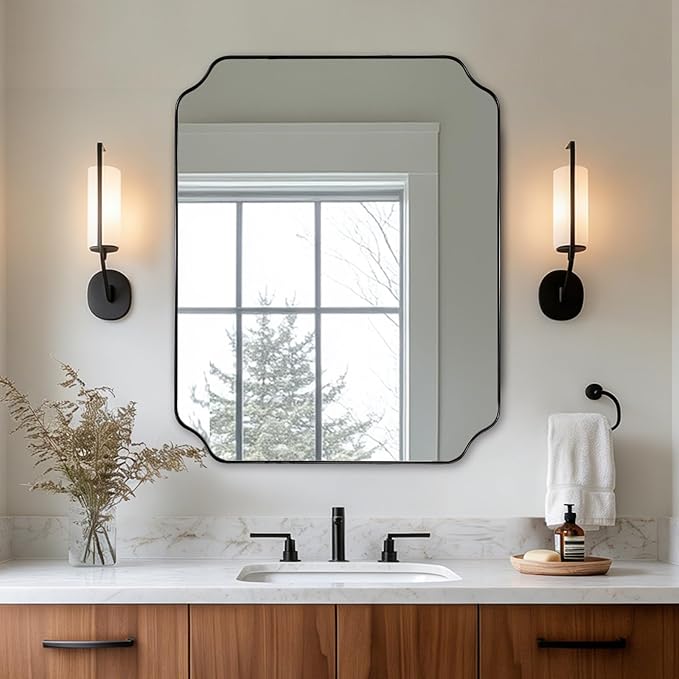 22X30 Inch Matte Black Scalloped Mirrors for Bathroom Sink | Rust-Proof Stainless Steel Frame, Aesthetic Notched Corner Design, Electronic Display Grade Glass, Ideal for Bathroom Remodel