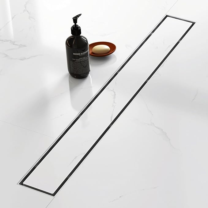 24 Inch Linear Shower Drain with Tile Insert Grate, Brushed | 304 Stainless Steel, Rectangle Tile Floor Drain for Bathroom, with Hair Strainer, Adjustable Feet, cUPC Certified