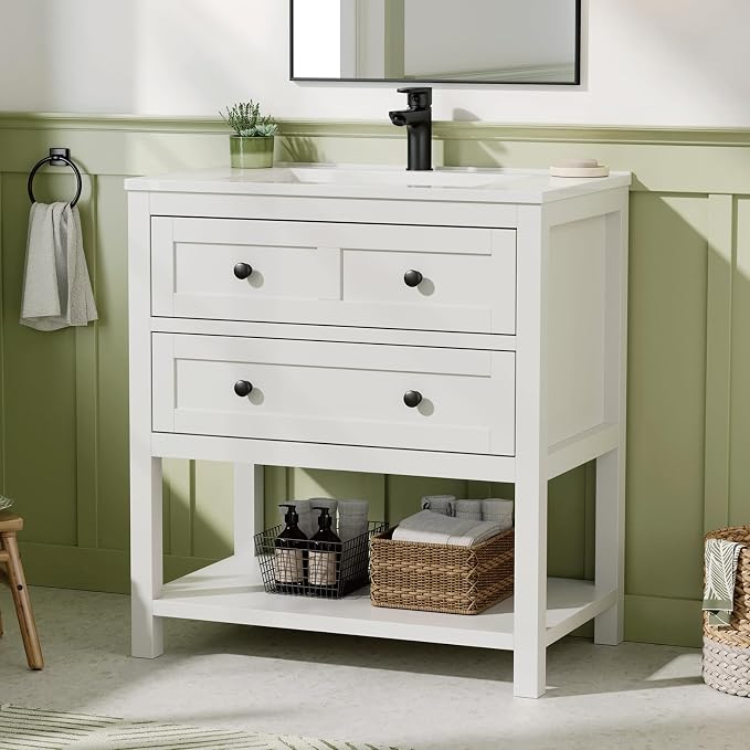 30 Inch Bathroom Vanity with Sink, White | Farmhouse Storage Cabinet with SMC Integrated Sink, Drawers & Open Storage Shelf, Easy Assembly & Adjustable Feet