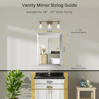 24x32 Inch Brushed Silver Bathroom Mirror for Wall, Thick Metal Framed Rectangle Mirrors for Over Sink, Bedroom, Living Room, Entryway, Anti-Rust, HD Tempered Glass