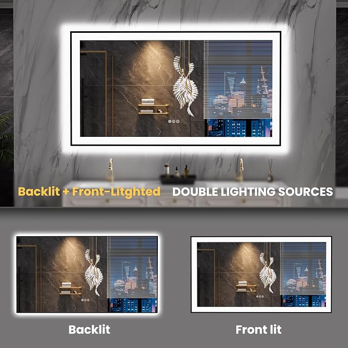 LOAAO 55"X30" LED Bathroom Mirror Black Framed | Anti-Fog, Dimmable, Memory Function, Tempered Glass, Lighted Vanity Mirror for Wall