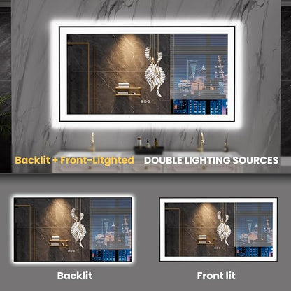 LOAAO 55"X30" LED Bathroom Mirror Black Framed | Anti-Fog, Dimmable, Memory Function, Tempered Glass, Lighted Vanity Mirror for Wall
