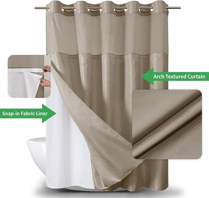 eachope Extra Long No Hook Shower Curtain with Snap-in Liner,71x86,Tan | Boho Arch Textured,230GSM Thick Fabric,Sheer Window,Magnetic Weighted Hem,Waterproof & Machine Washable,for Bathroom,Hotel