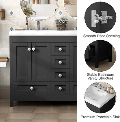 46.7 inch Bathroom Sink Vanity Combo, Large Freestanding Double Bath Vanity Sink Set with 2 Cabinets & 6 Drawers, Dual Basin Modern Bathroom Storage Cabinet, Black