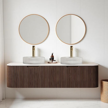 60" Floating Bathroom Vanity with Double Sink, Modern Wall-Mount Storage Cabinet with 2 Round Crystal Glass Basins and Marble Top, 2 Large Soft Closing Drawer, Pre-Assembled, Dark Walnut