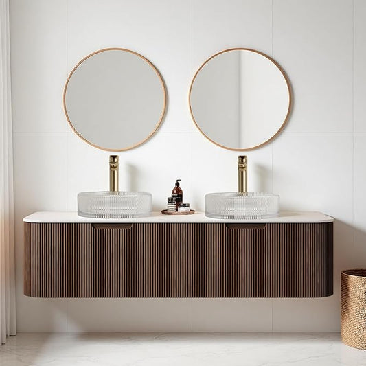 60" Floating Bathroom Vanity with Double Sink, Modern Wall-Mount Storage Cabinet with 2 Round Crystal Glass Basins and Marble Top, 2 Large Soft Closing Drawer, Pre-Assembled, Dark Walnut