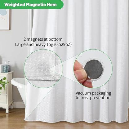 eachope No Hook Waffle Shower Curtain, No Liner Needed, 48x74 Inch, White | 100% waterproof TPU-laminated backing, magnetic weighted hem, machine washable, for bathroom, hotel, or shower stall use