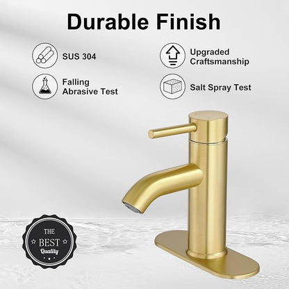Bathroom Faucet Brushed Gold Modern Bathroom Sink Faucet, Single Handle Faucet for Sink, Vanity, RV, Lavatory, Suitable for 1 or 3 Holes, with Supply Deck Plate and Hose