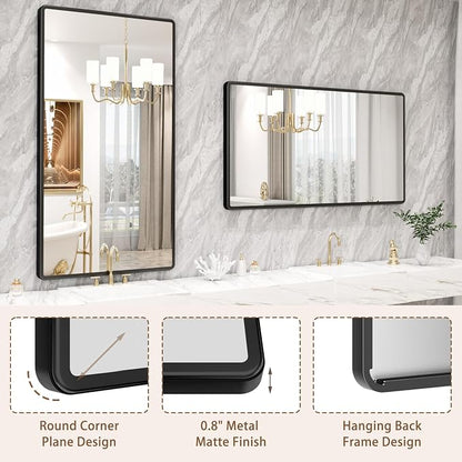 pertetey 55 x 30 in Rounded Rectangle Bathroom Mirror | Black Metal Frame, Tempered Glass, Wall Mounted