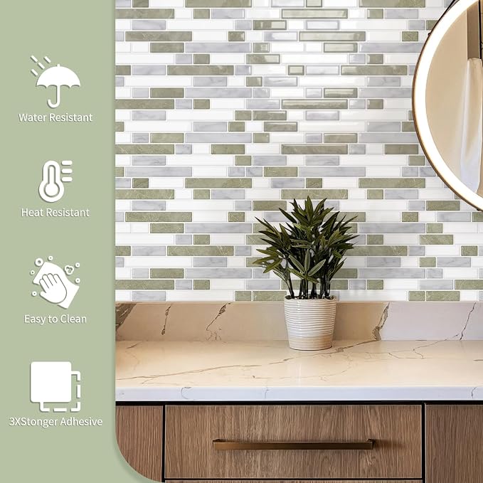10 Sheets Thick Peel and Stick Kitchen Backsplash Tiles | 3D Waterproof Self Adhesive Wall Tile Stick on Backsplash for Kitchen,Bathroom and Fireplace(Beige&White,12"×12")
