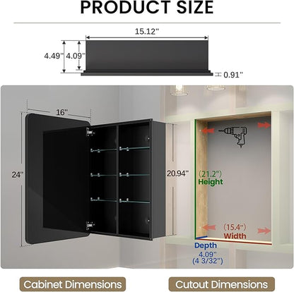 16x24 Medicine Cabinet with Mirror, Aluminum Bathroom Wall Organizer, Pre-Assembled, Center Partition for Tall Bottles, 6 Adjustable Shelves, Soft-Close, Recessed/Surface Mount, Matte Black