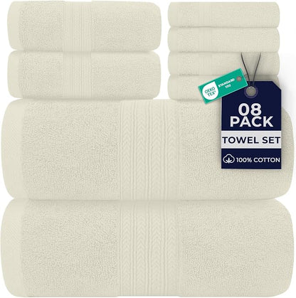 DAN RIVER 8 Piece Luxury Bath Towels for Bathroom, Towel Set, Ivory | 2 Bath towels, 2 Hand towels, and 4 Wash Cloths, 600 GSM 100% Ring Spun Cotton, Highly Absorbent, Gym, Hotel, guest, and Spa