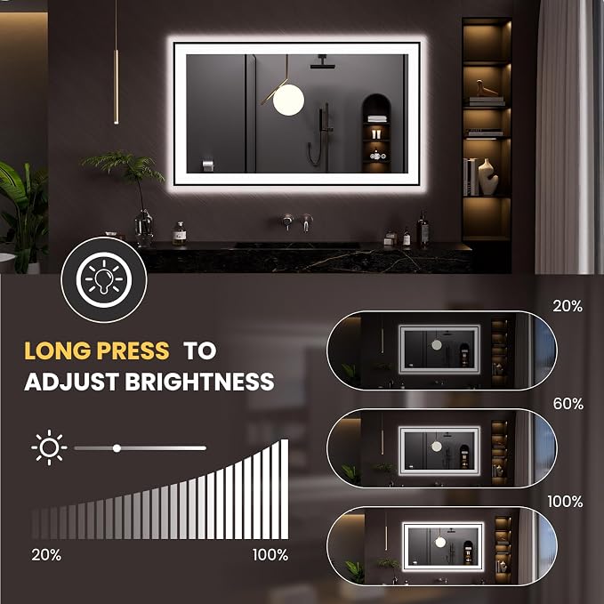 LOAAO 48"X28" LED Bathroom Mirror Black Framed | Anti-Fog, Dimmable, Memory Function, Tempered Glass, Lighted Vanity Mirror for Wall