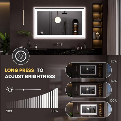 LOAAO 48"X28" LED Bathroom Mirror Black Framed | Anti-Fog, Dimmable, Memory Function, Tempered Glass, Lighted Vanity Mirror for Wall
