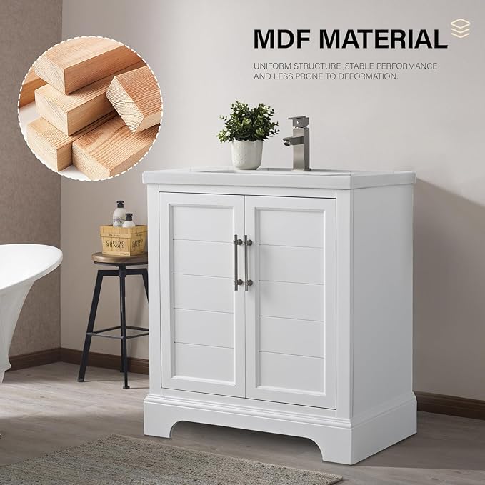 HOMEBEYOND 30 Inch Bathroom Vanity with Single Sink & Ceramic Top, Vanity Cabinet with Center Countertop Basin, Soft-Closing Doors,White