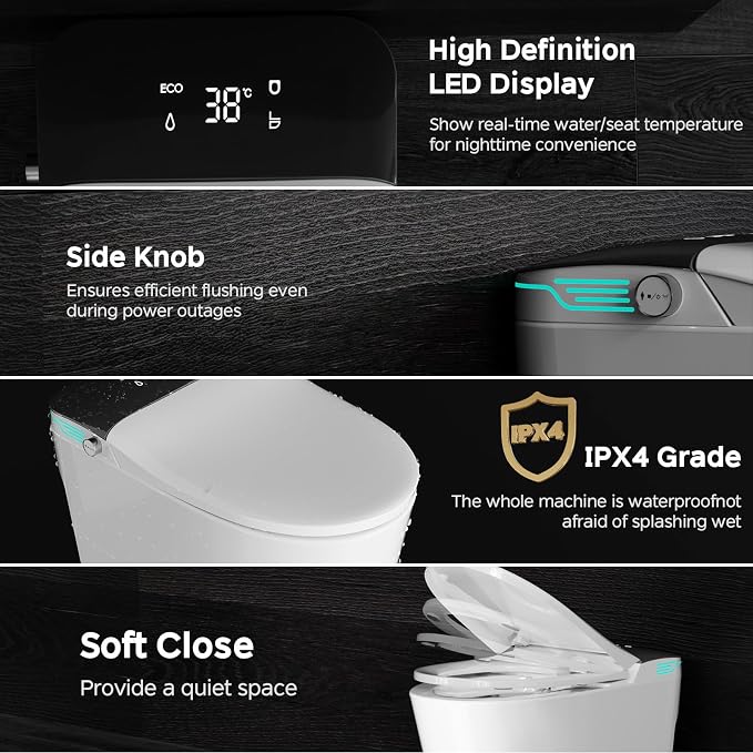 Smart Toilet with Bidet Built In ADA Height 17.7", 1.28GPF Power Flush, One Piece Bidet Toilet Design with Heated Seat, Voice Control, Remote Control, Foam Shield, Tankless Modern Toilet BSJ