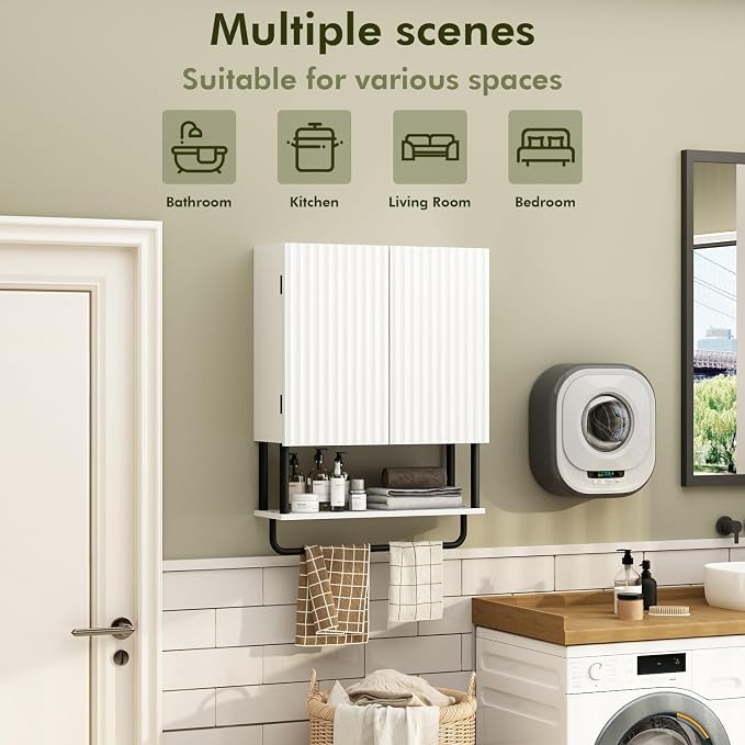 RUSTOWN Fluted Bathroom Wall Cabinet with 2 Doors, 3-Tier Medicine Cabinet | Modern Farmhouse Wall Mounted Cabinets, Over The Toilet Storage Cabinet, Adjustable Shelf and Towel Bar, Medium