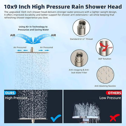Hibbent All Metal 10'' Filtered Rainfall Shower Head Combo, High Pressure Handheld Shower Wand, 12'' Adjustable Extension Arm, 20 Stage Shower Filter, 71'' Hose, Shower Head Holders, Brushed Nickel