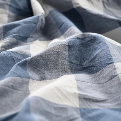 DOSLY IDÉES Linen Button Farmhouse Shower Curtain, Linen and Cotton Fabric, Pleated Blue and White Buffalo Plaid Checked Pattern, Country Style, 72x72 in