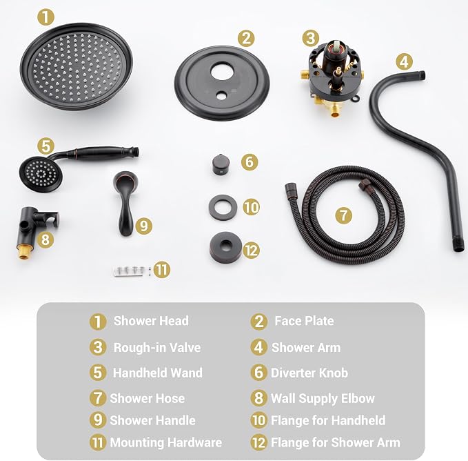 DASAN Rain Shower System Complete Antique Shower Faucet Sets, Bronze Shower Fixtures Combo with Pressure Balance Valve, 9’’ Rainfall Overhead Shower & Handheld, Color Oil Rubbed Bronze AT209W-ORB