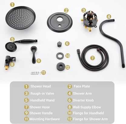 DASAN Rain Shower System Complete Antique Shower Faucet Sets, Bronze Shower Fixtures Combo with Pressure Balance Valve, 9’’ Rainfall Overhead Shower & Handheld, Color Oil Rubbed Bronze AT209W-ORB