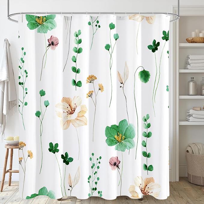 Emerald Green Beige Watercolor Floral Fabric Shower Curtain, 72x72 | Waterproof Fabric, Modern Minimalist Floral Print, Machine Washable, Rustproof Grommets, for Bathroom
