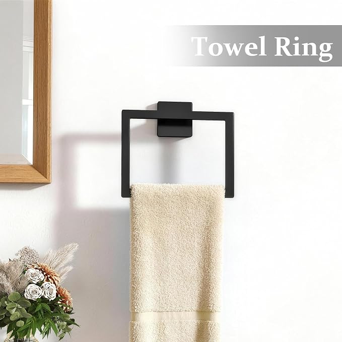 STWWO 5-Piece Matte Black Bathroom Accessories Hardware Set | Stainless Steel Towel Racks for Bathroom, 16 Inch Bath Towel Bar Set Wall Mounted